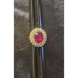 Vtg Signed DAC Ruby Red Rhinestone Halo Cocktail Ring Gold Plated Statement 80s